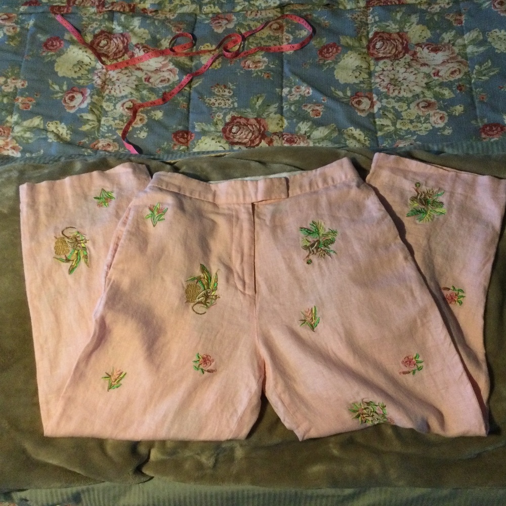 Rosanna Pink Linen Tropical Embroidered Pant 6